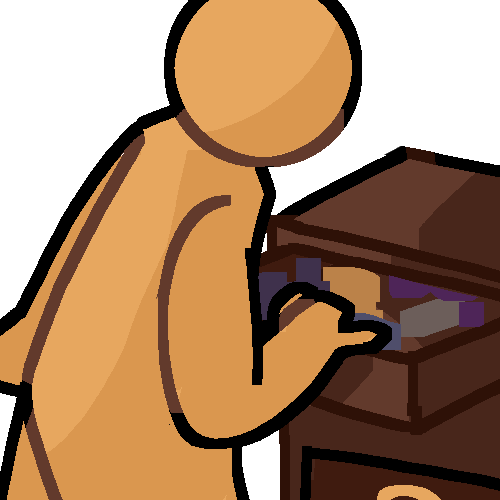 An emoji yellow figure looking in a draw that has several shapes in it.